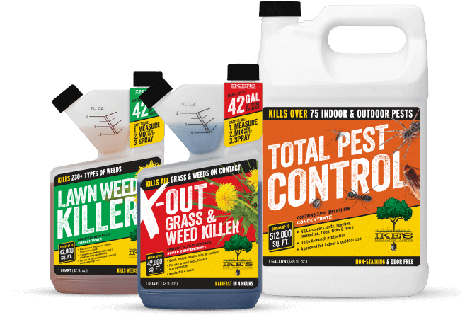 containers of IKE'S Lawn Weed Killer, X-OUT Grass & Weed Killer, and Total Pest Control