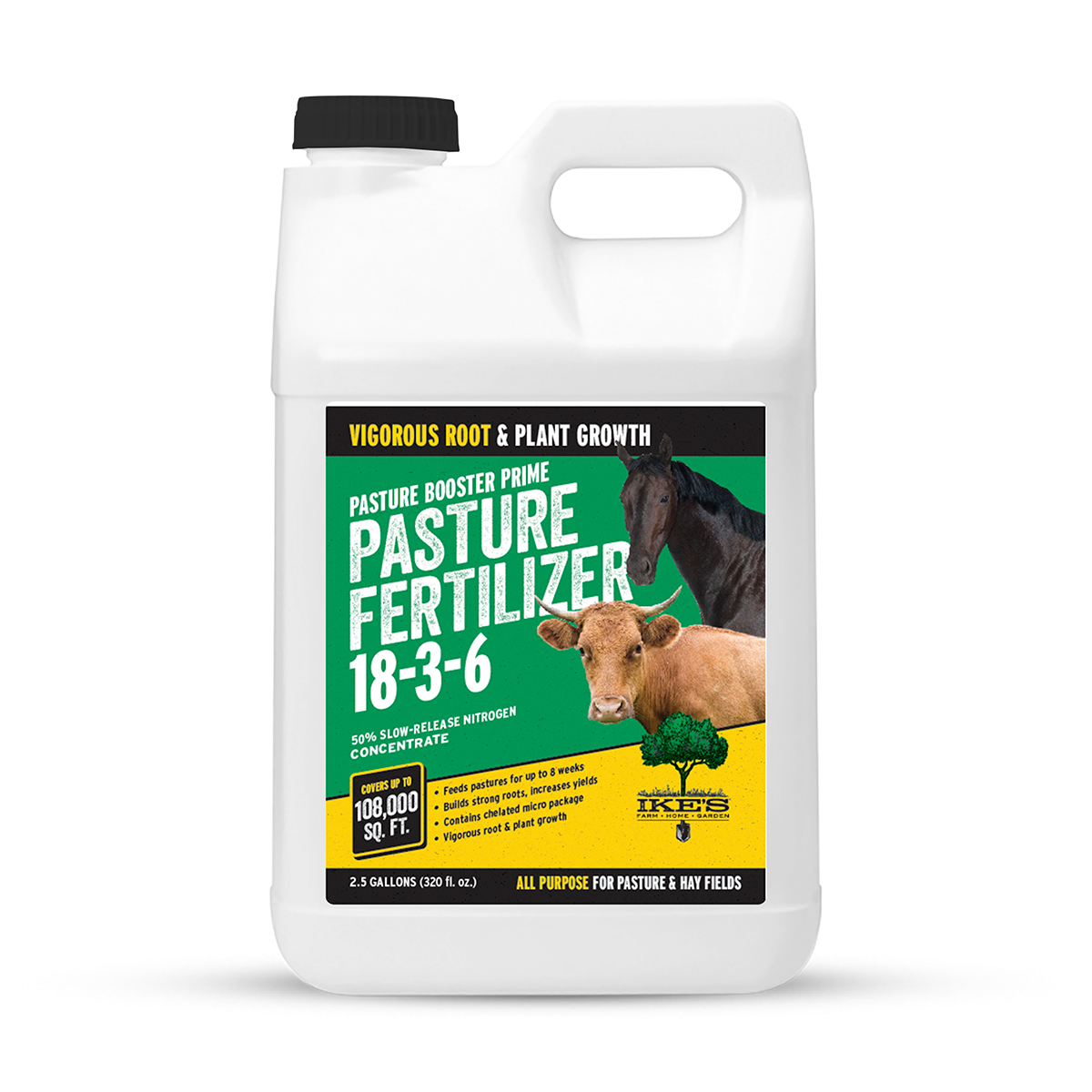 container of IKE'S Pasture Booster Prime Pasture Fertilizer 18-3-6