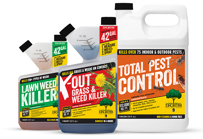 containers of IKE'S Lawn Weed Killer, X-OUT Grass & Weed Killer, and Total Pest Control