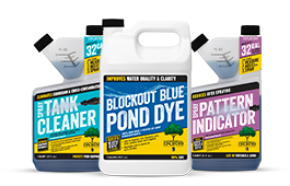 containers of IKE'S Tank Cleaner, Blockout Blue Pond Dye, and Spray Pattern Indicator