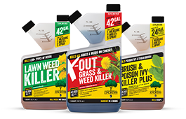 containers of IKE'S Lawn Weed Killer, X-OUT Grass & Weed Killer, and Brush & Poison Ivy Killer Plus