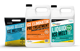 containers of IKE'S ice melt products including Quad Select Ice Melter, Ice Eliminator Pre-Treatment, and Liquid Ice Melt