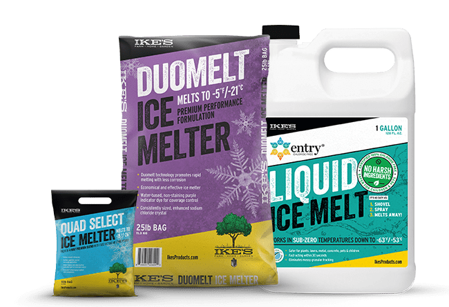 IKE'S line of ice melter products including Quad Select, Duomelt, and Liquid Ice Melts