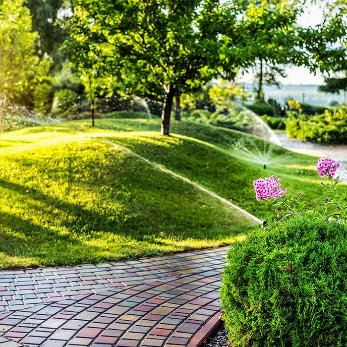 winding sidewalk through a lush green park with sprinklers going off