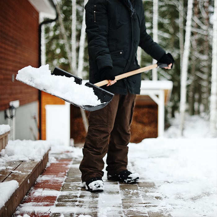 person standing on the sidewalk holding a shovel full of snow