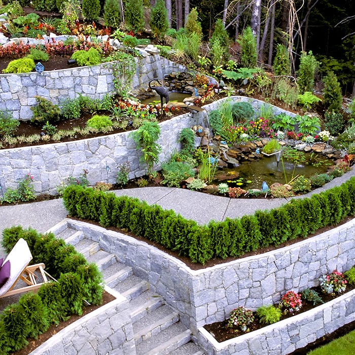 garden with winding paths and stone retaining walls and several colorful shrubs and plants