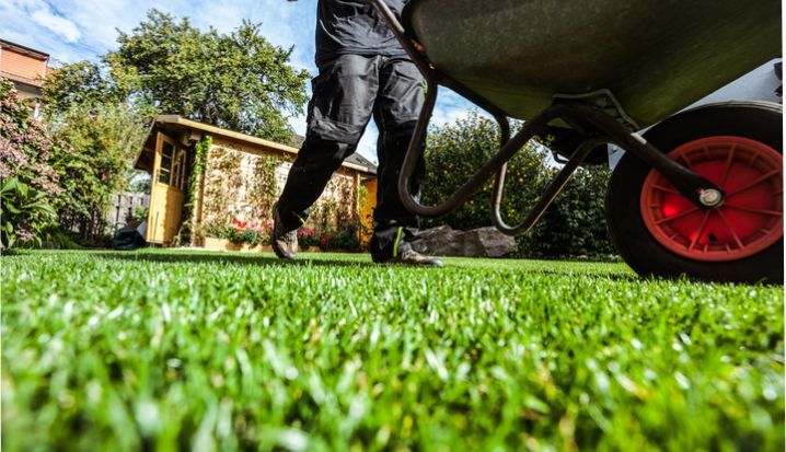 person working in the back yard, pushing a spreader