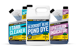 containers of IKE'S Tank Cleaner, Blockout Blue Pond Dye, and Spray Pattern Indicator