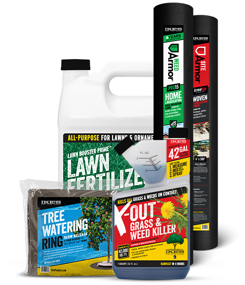 several of IKE'S products including the Lawn Fertilizer, Tree Watering Ring, and more