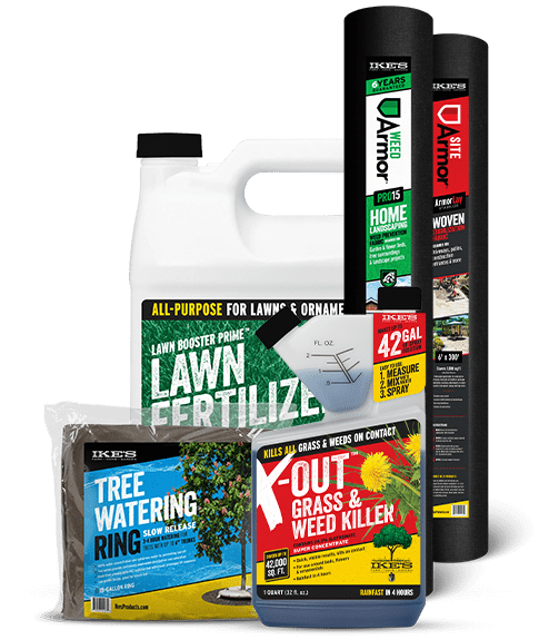 several of IKE'S products including the Lawn Fertilizer, Tree Watering Ring, and more