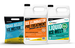 containers of IKE'S ice melt products including Quad Select Ice Melter, Ice Eliminator Pre-Treatment, and Liquid Ice Melt