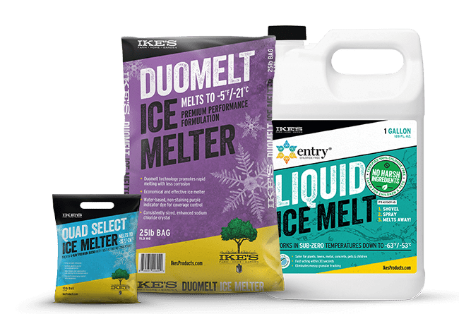 IKE'S line of ice melter products including Quad Select, Duomelt, and Liquid Ice Melts